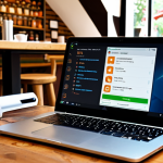 **Secure Connection While Traveling:** A digital nomad working on a laptop at a cafe, with a VPN icon prominently displayed on the screen and a router with WPA3 encryption nearby, emphasizing online security.