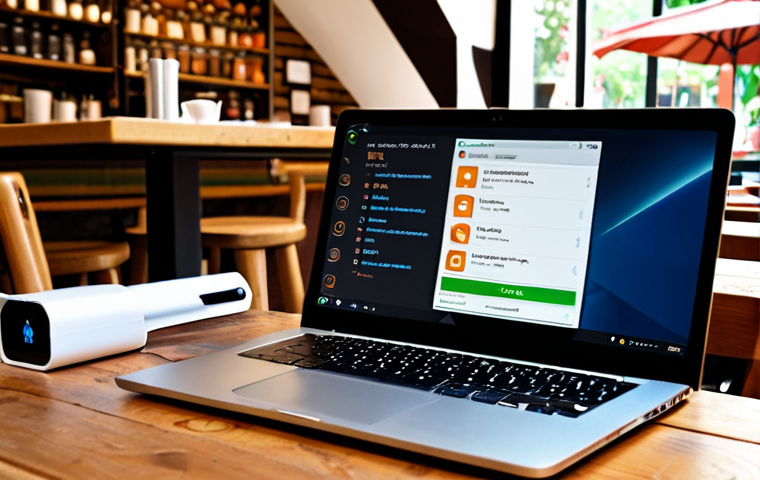 **Secure Connection While Traveling:** A digital nomad working on a laptop at a cafe, with a VPN icon prominently displayed on the screen and a router with WPA3 encryption nearby, emphasizing online security.